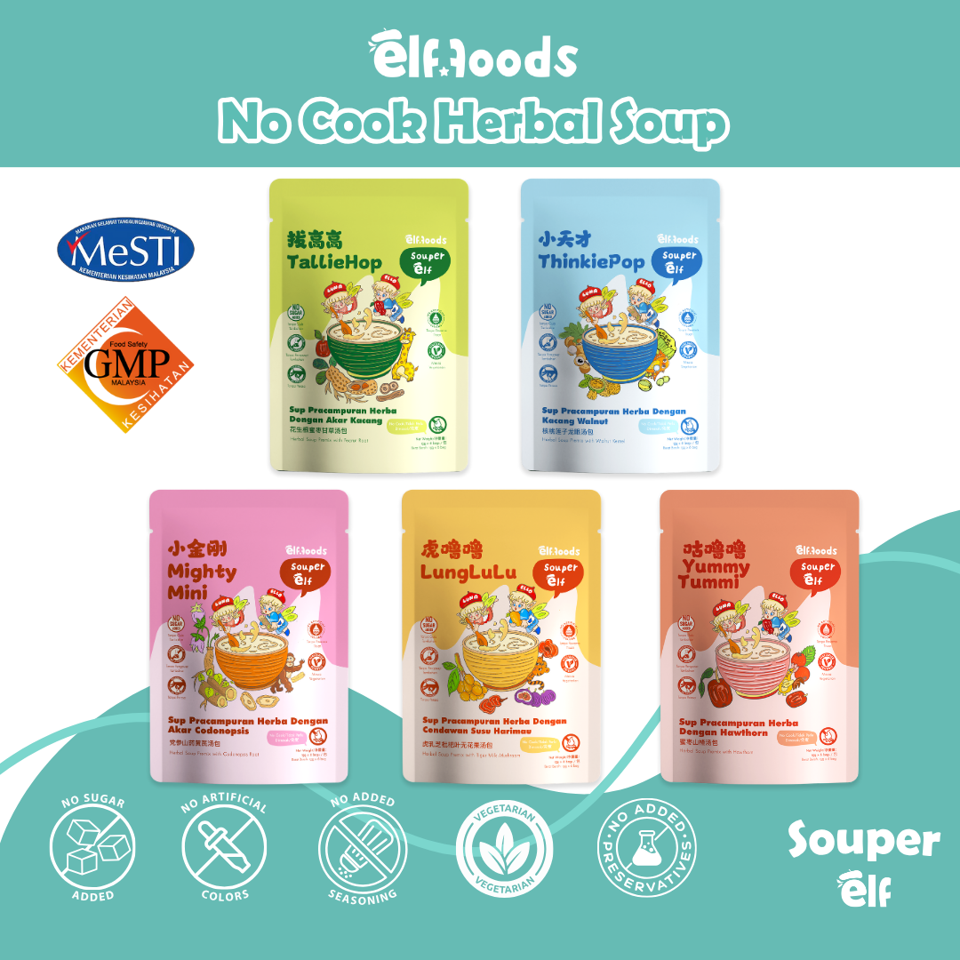 Elffoods herbal soup kids catagory. ThinkiePop, TallieHop, Mighty Mini, LungLuLu, Yummy Tummi. Support children growth in a healther way. Souper Elf