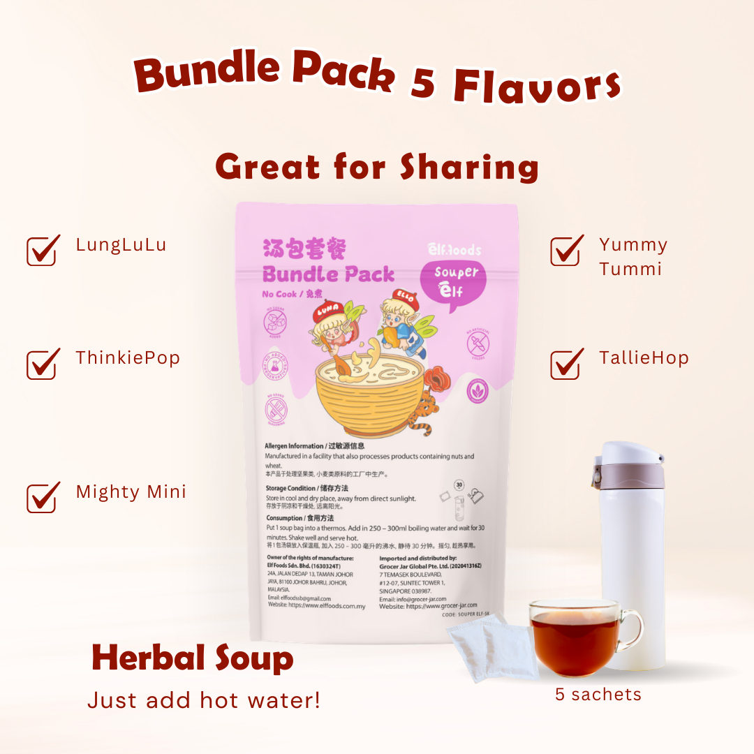 Elf Foods No Cook Herbal Soup bundle pack package with five different kinds of soup