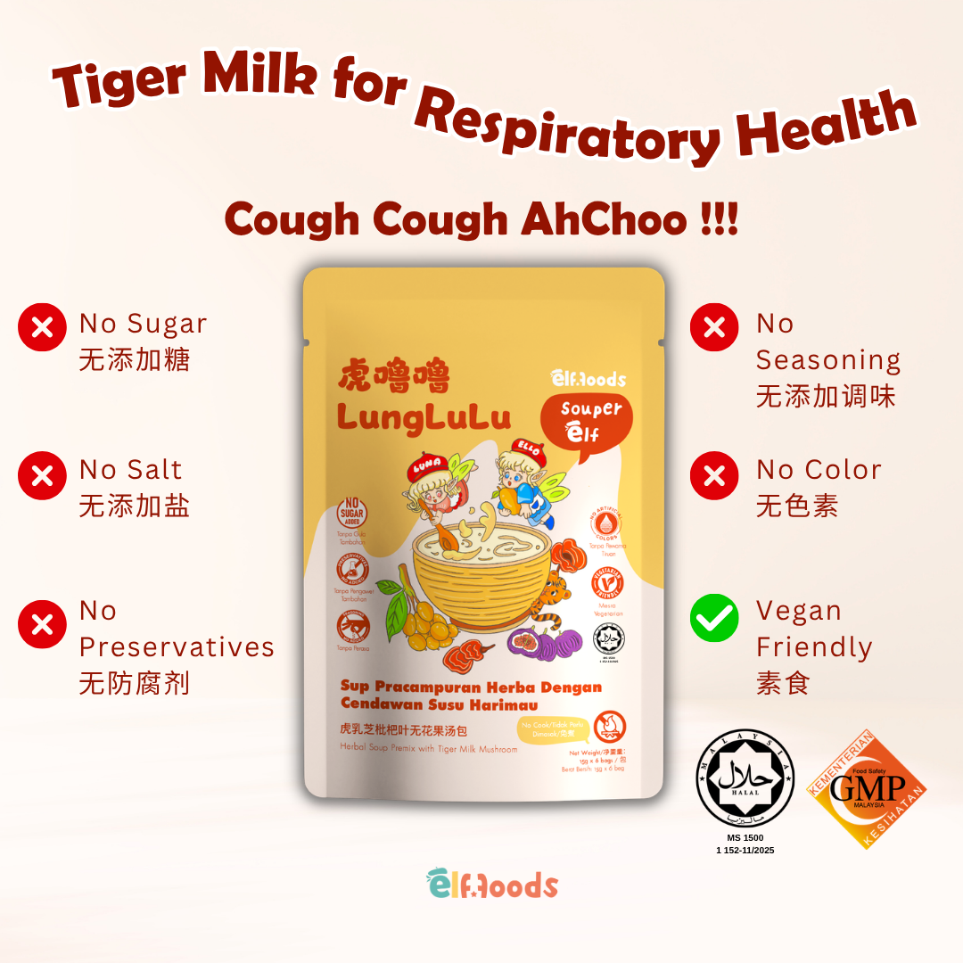 Elffoods LungLuLu herbal soup with tiger milk mushroom for lung support. Souper Elf