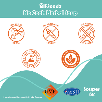 Elffoods herbal soup with no sugar added, no artificial color, no added seasoning, no added preservatives, vegetarian friendly. MESTI , GMP certified and manufactured in a certified HAlal Factory. Souper Elf