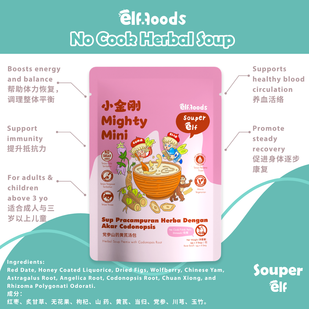 Elffoods Mighty Mini herbal soup with chinese yam and goji for immunity. Souper Elf