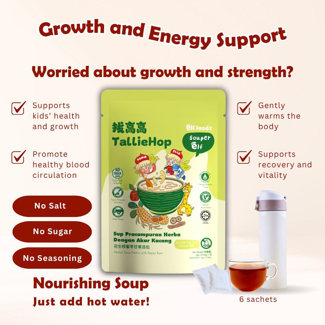 Elffoods TallieHop herbal soup with codonopsis and longan for kids’ growth. Souper Elf