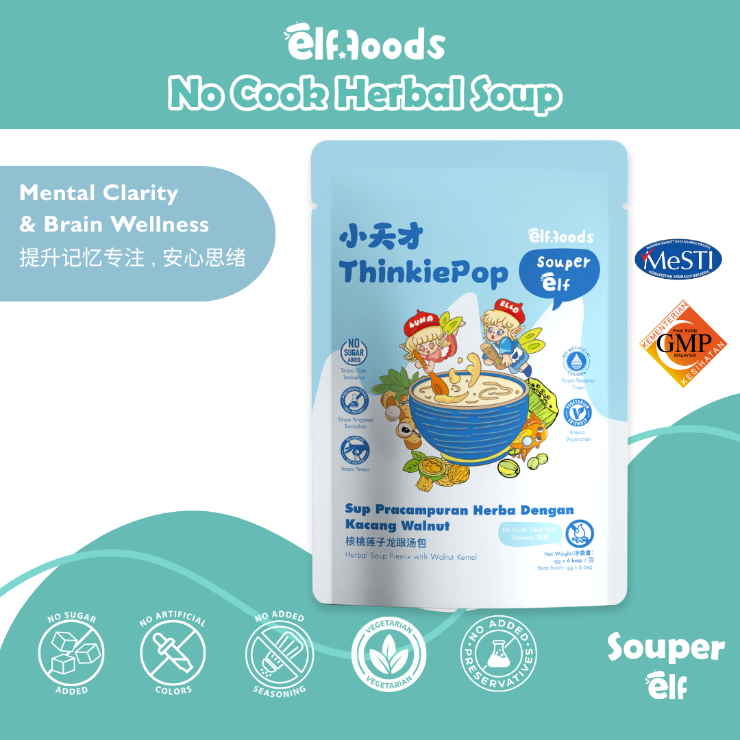 Elffoods ThinkiePop herbal soup with walnuts and red dates for focus. Souper Elf