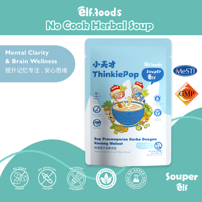 Elffoods ThinkiePop herbal soup with walnuts and red dates for focus. Souper Elf