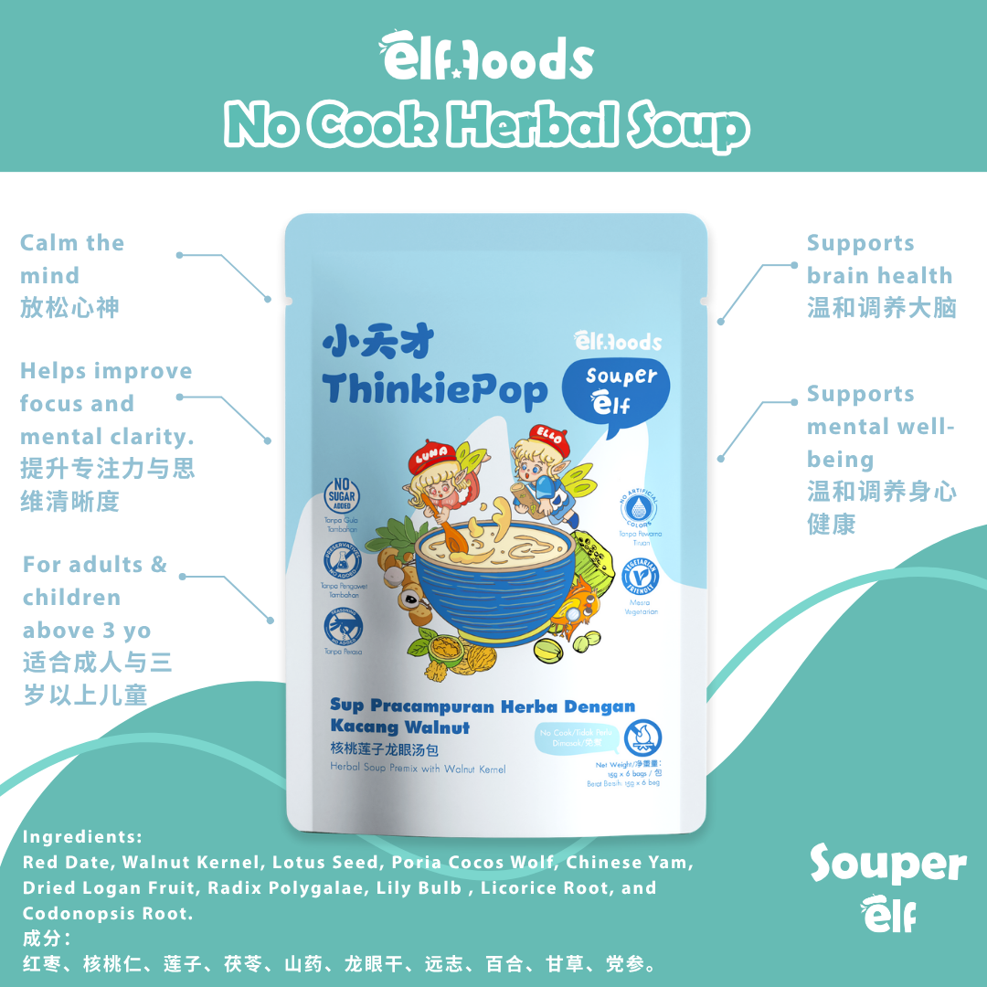 Elffoods ThinkiePop herbal soup with walnuts and red dates for focus. Souper Elf