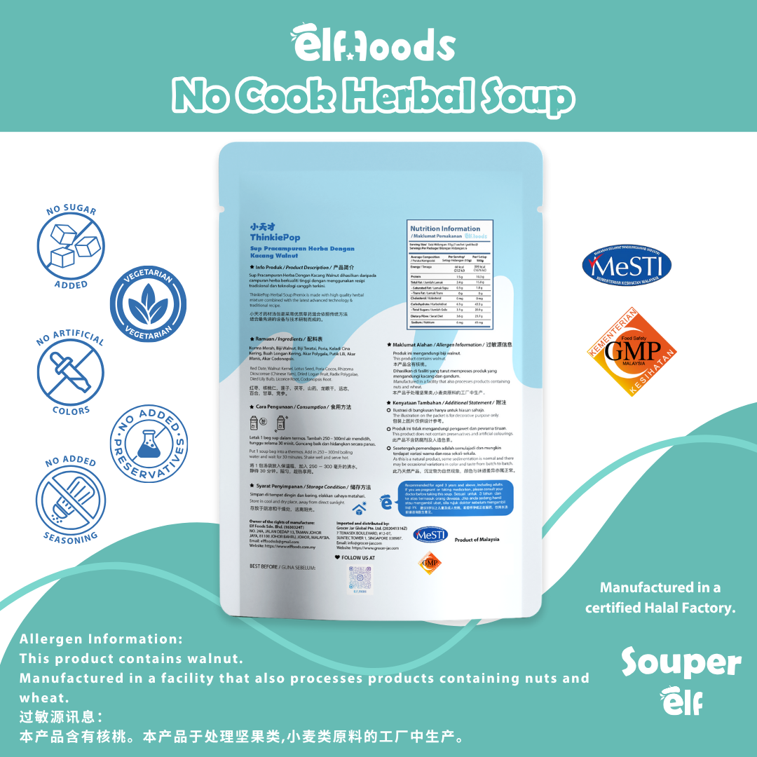 Elffoods ThinkiePop herbal soup with walnuts and red dates for focus. Souper Elf